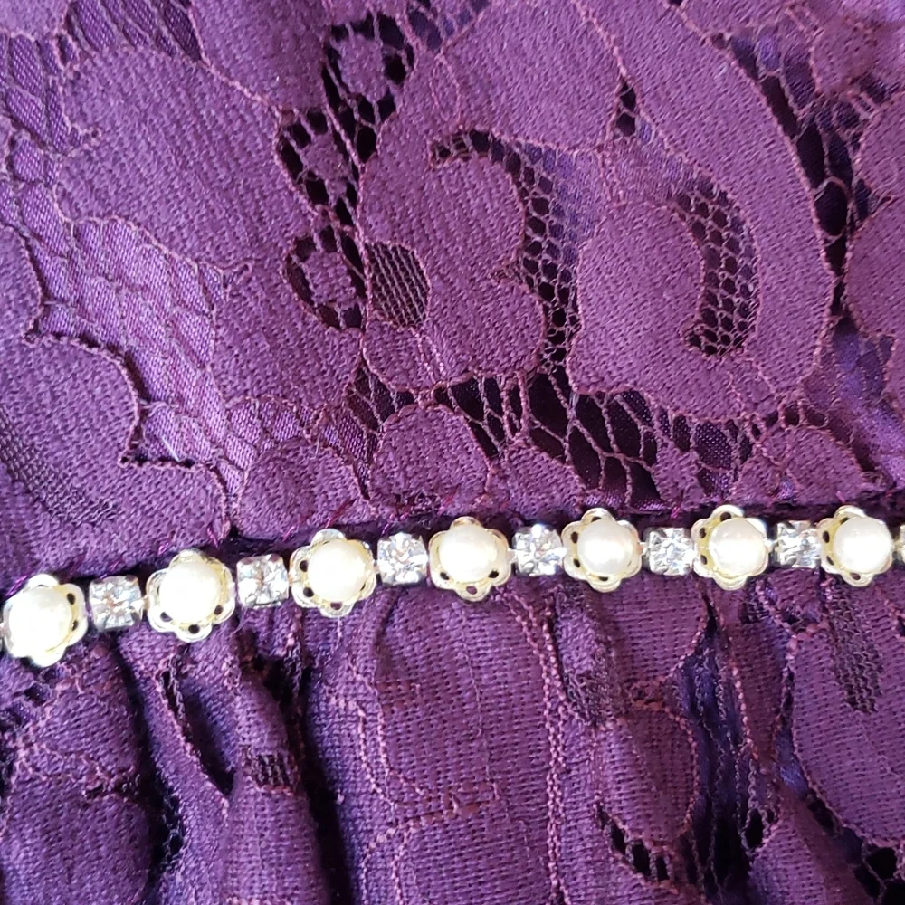 CHRISTINA WU Aubergine Purple Lace Pearl & Diamond Waist Short Formal Dress 12 - Picture 4 of 7